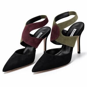 New Manolo Blahnik Suede Pumps Black Green Pointy Toe Heels Size 37 Womens